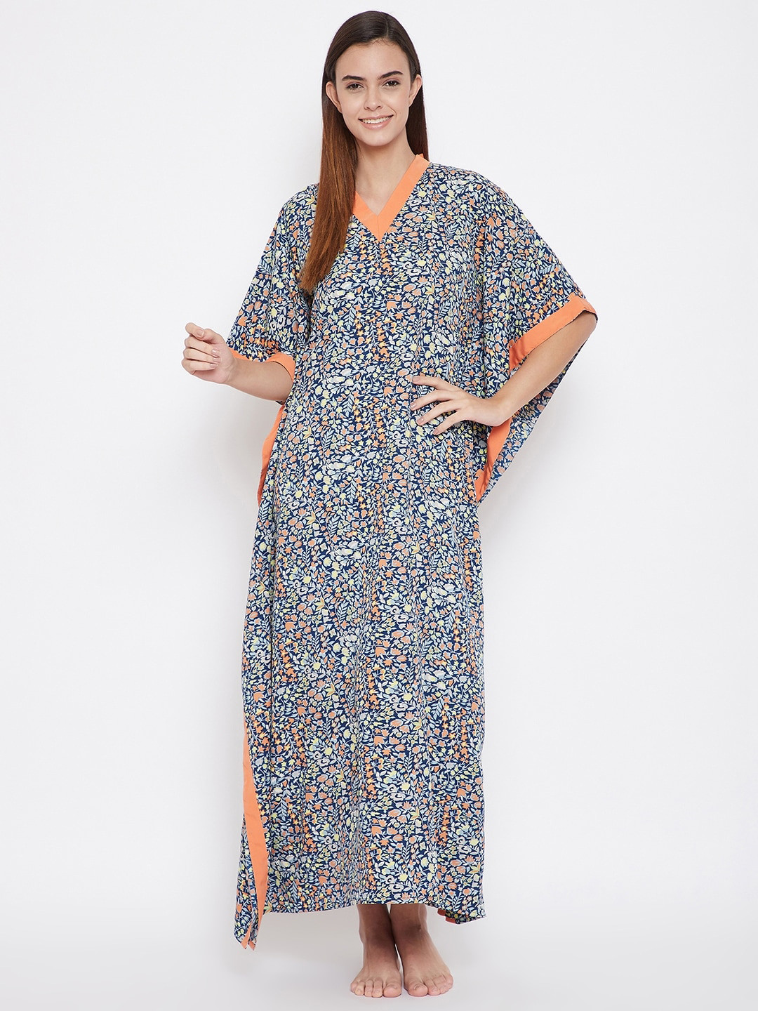 

The Kaftan Company Blue Printed Maxi Nightdress