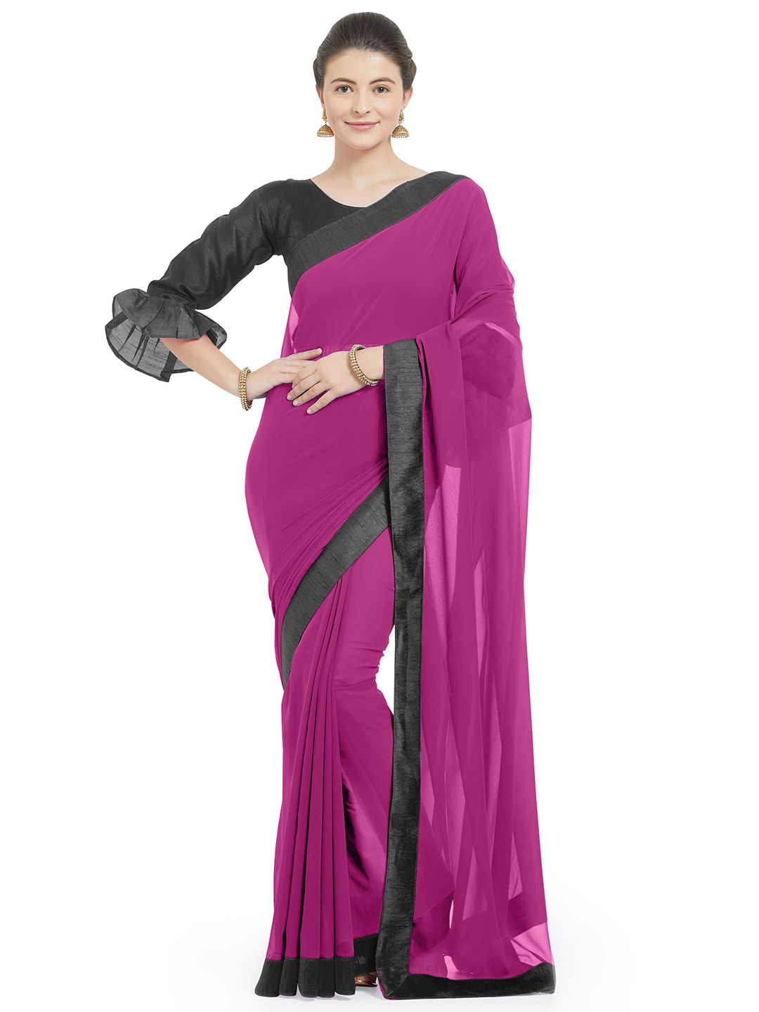 

KALINI Pink & Black Poly Georgette Saree