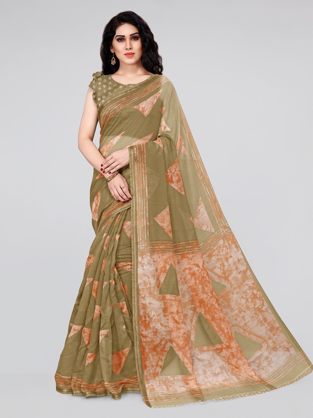 

KALINI Taupe & Peach-Coloured Block Print Saree