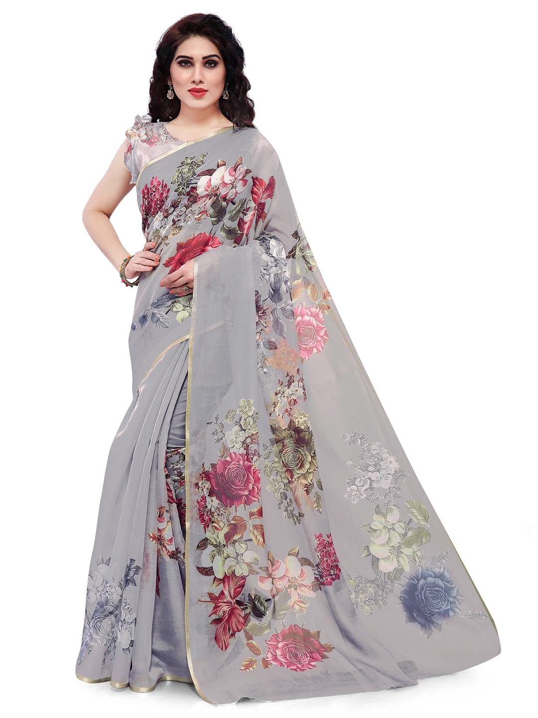 

KALINI Taupe & Red Floral Printed Zari Border Organza Saree