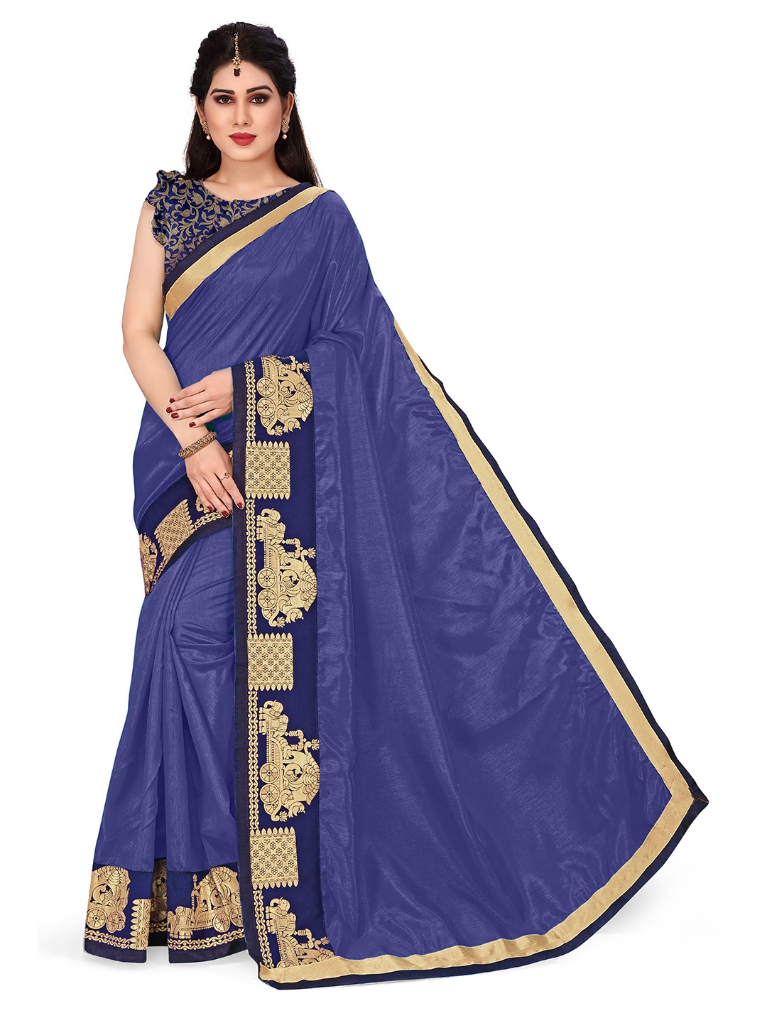 

KALINI Navy Blue & Gold-Coloured Woven Design Border Silk Blend Saree