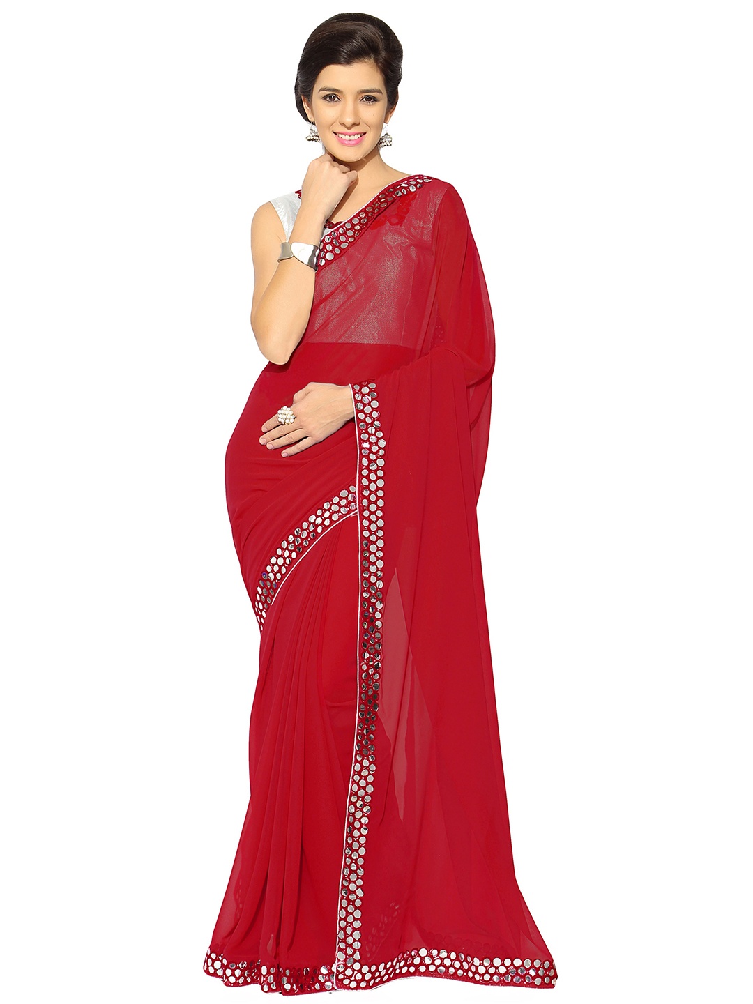 

KALINI Red & Silver Mirror Work Embellished Saree