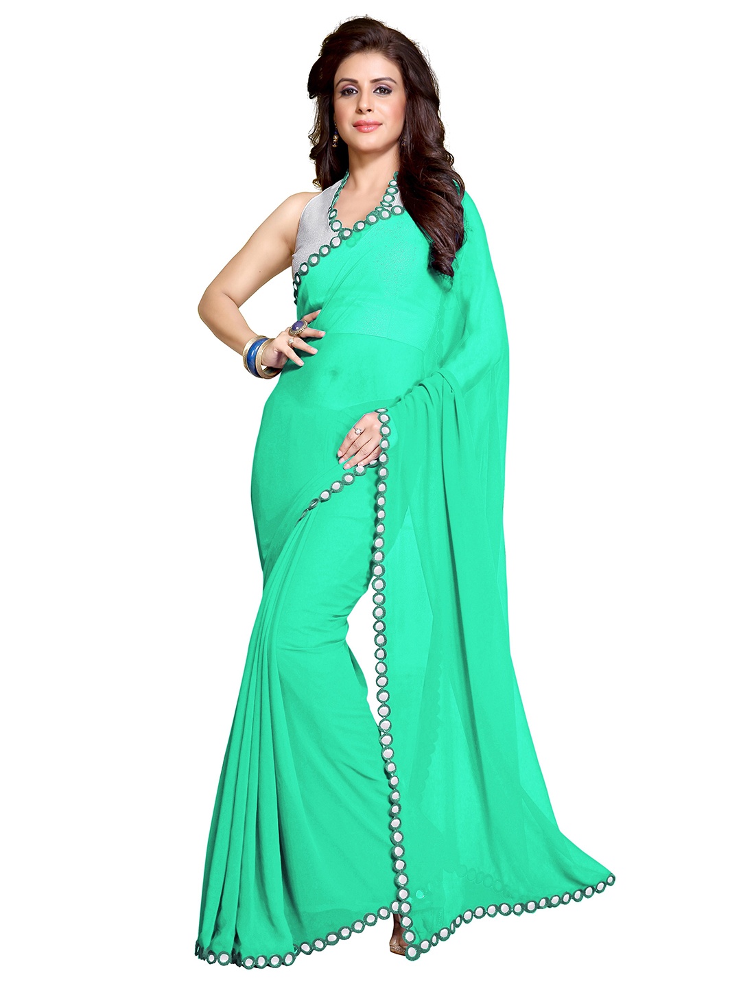 

KALINI Teal Mirror Work Georgette Saree