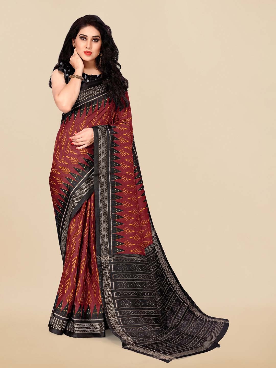 

KALINI Maroon & Black Ethnic Motifs Printed Art Silk Ikat Saree