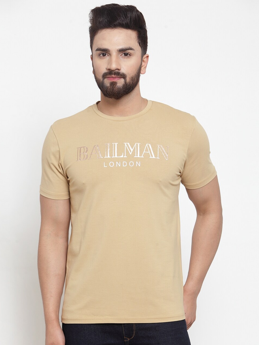 

DOOR74 Men Beige & Gold Typography Printed T-shirt