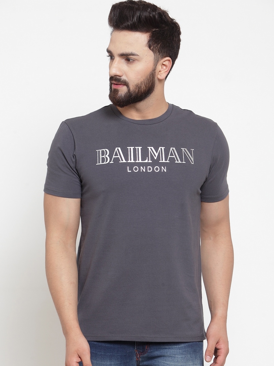 

DOOR74 Men Grey & Silver-Toned Typography Printed T-shirt