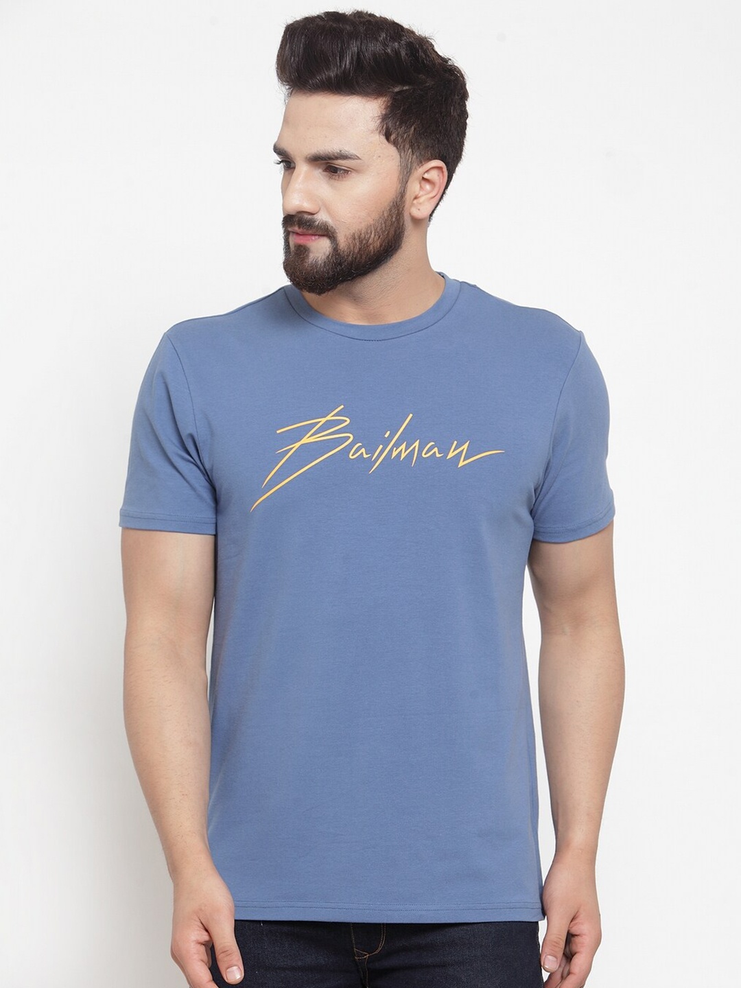 

DOOR74 Men Blue and Yellow Typography Printed T-shirt