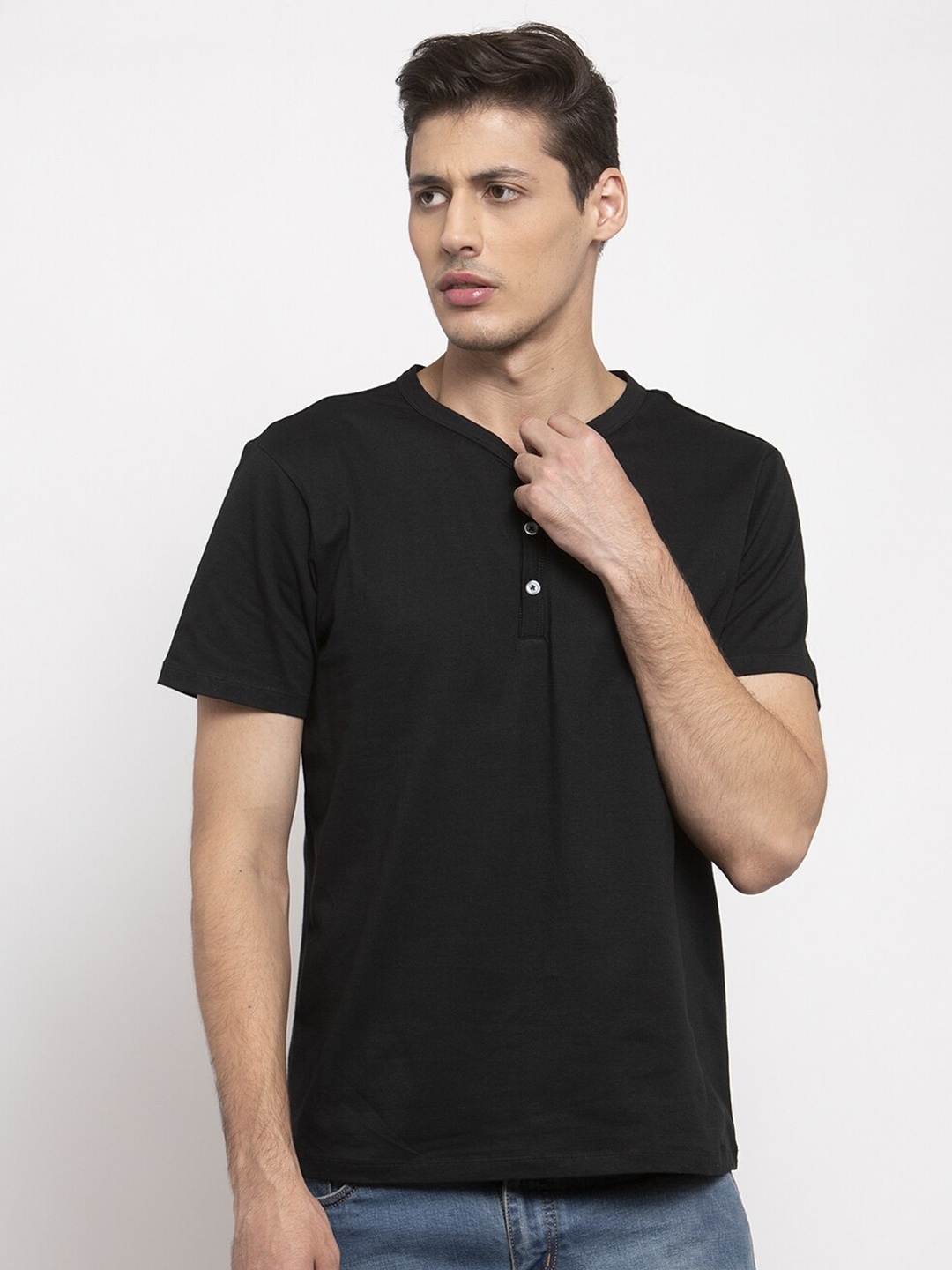 

DOOR74 Men Black Henley Neck T-shirt