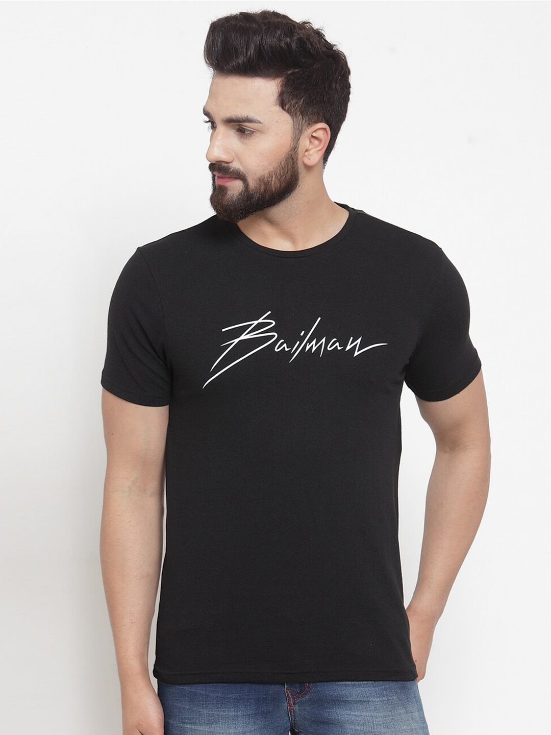 DOOR74 Men Black Typography Printed T-shirt