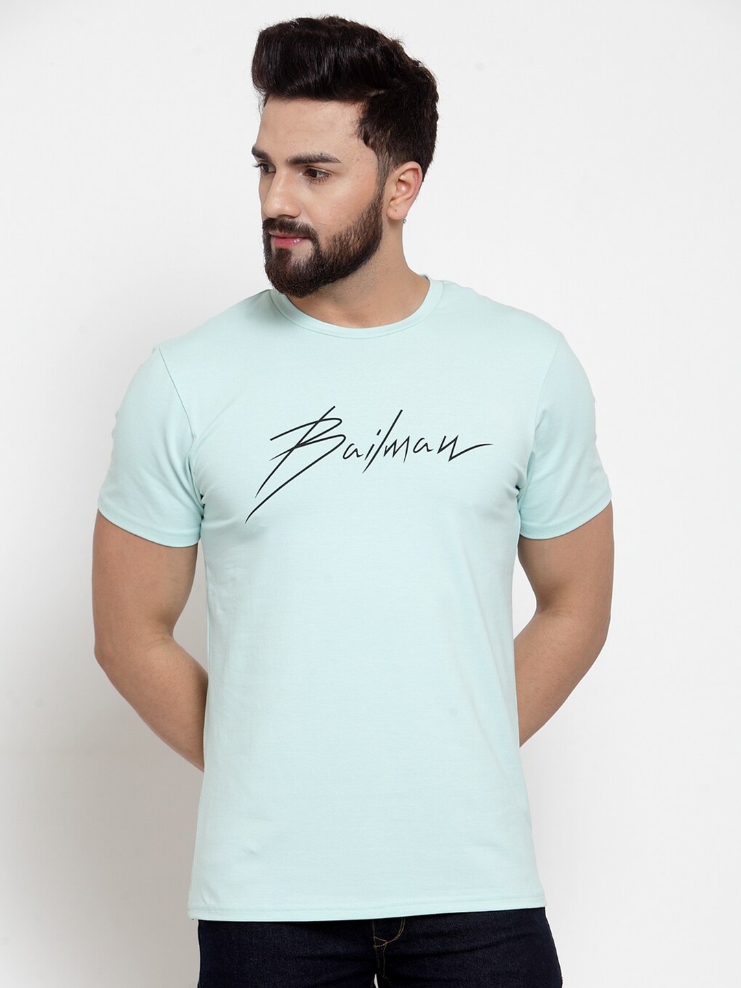 

DOOR74 Men Sea Green Typography Printed Cotton T-shirt