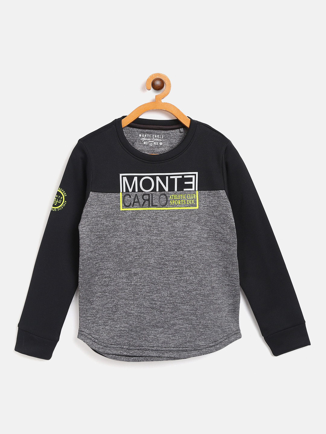 

Monte Carlo Boys Grey Melange & Black Colourblocked & Brand Logo Printed Sweatshirt