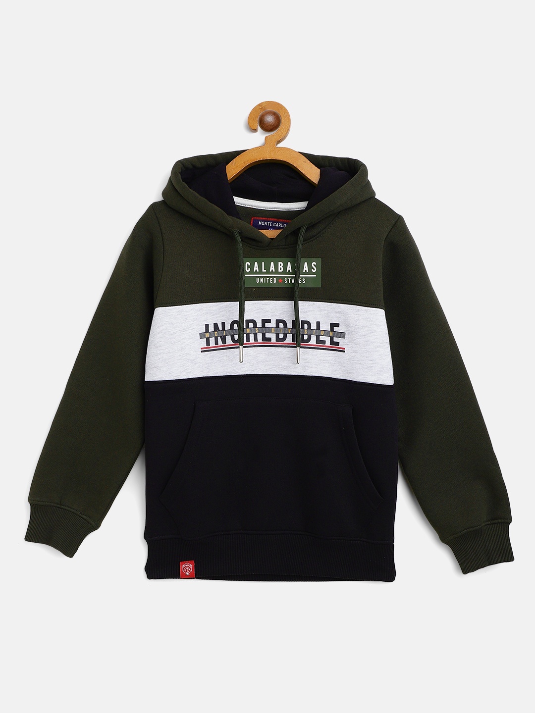 

Monte Carlo Boys Olive Green & Black Colourblocked Hooded Sweatshirt