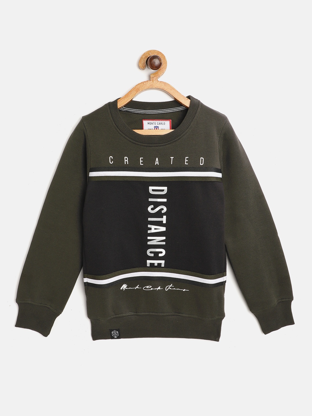 

Monte Carlo Boys Olive Green & Navy Blue Colourblocked Hooded Sweatshirt with Print Detail