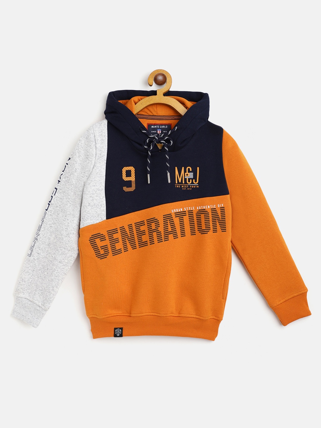 

Monte Carlo Boys Orange & Navy Blue Colourblocked Hooded Sweatshirt
