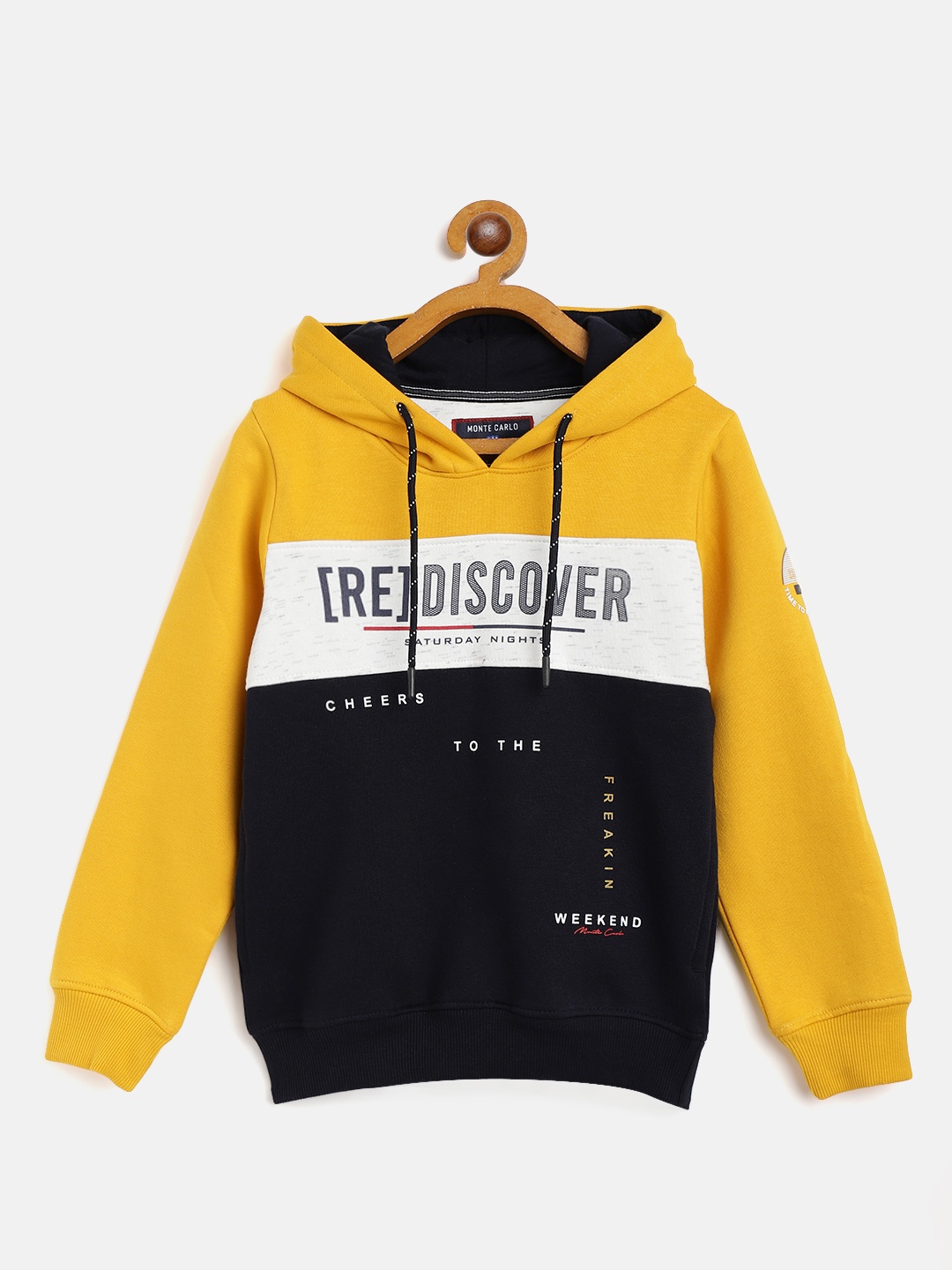 

Monte Carlo Boys Mustard Yellow & Navy Blue Printed Hooded Sweatshirt