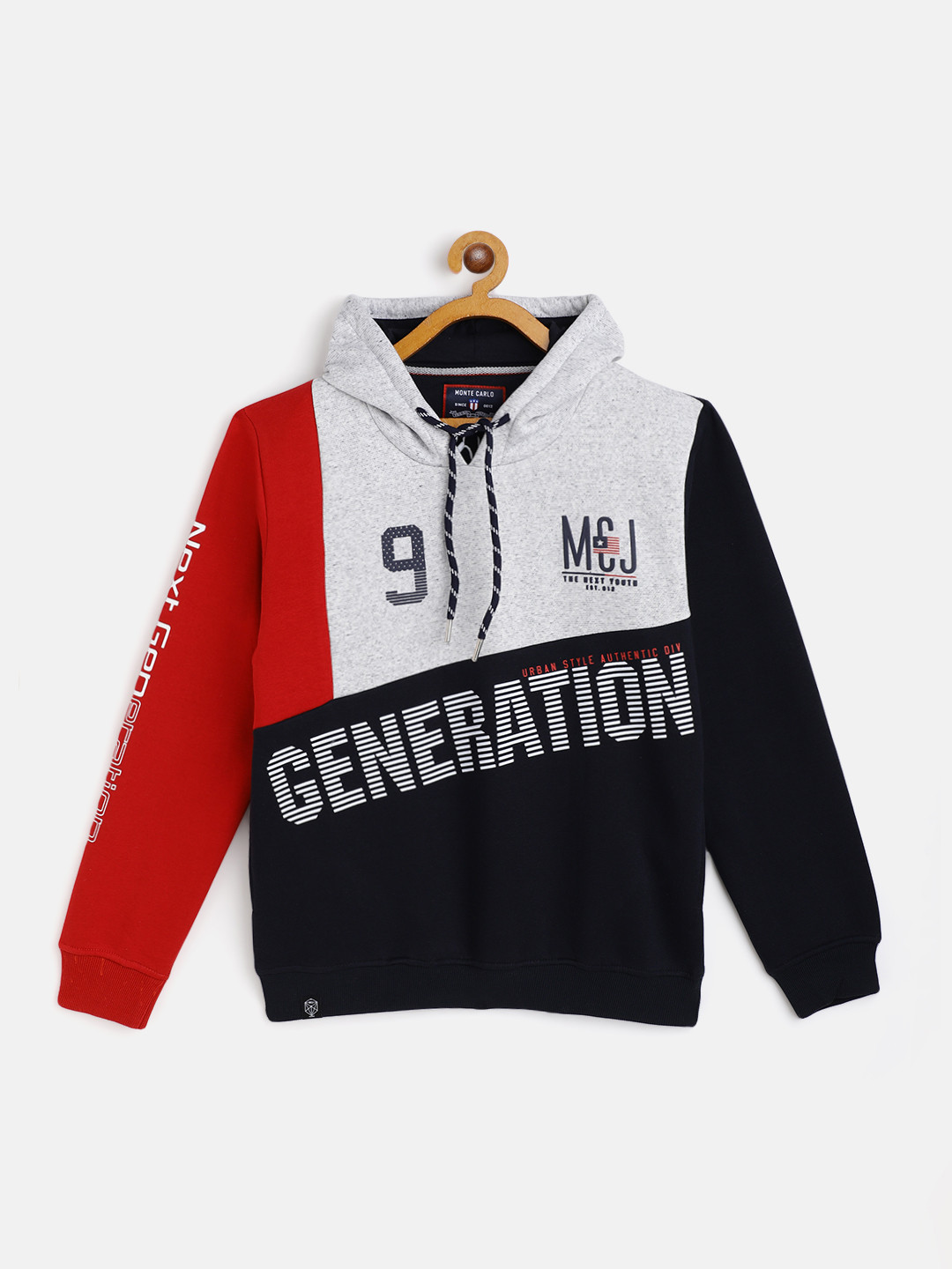 

Monte Carlo Boys Navy Blue & Grey Printed Colourblocked Hooded Sweatshirt