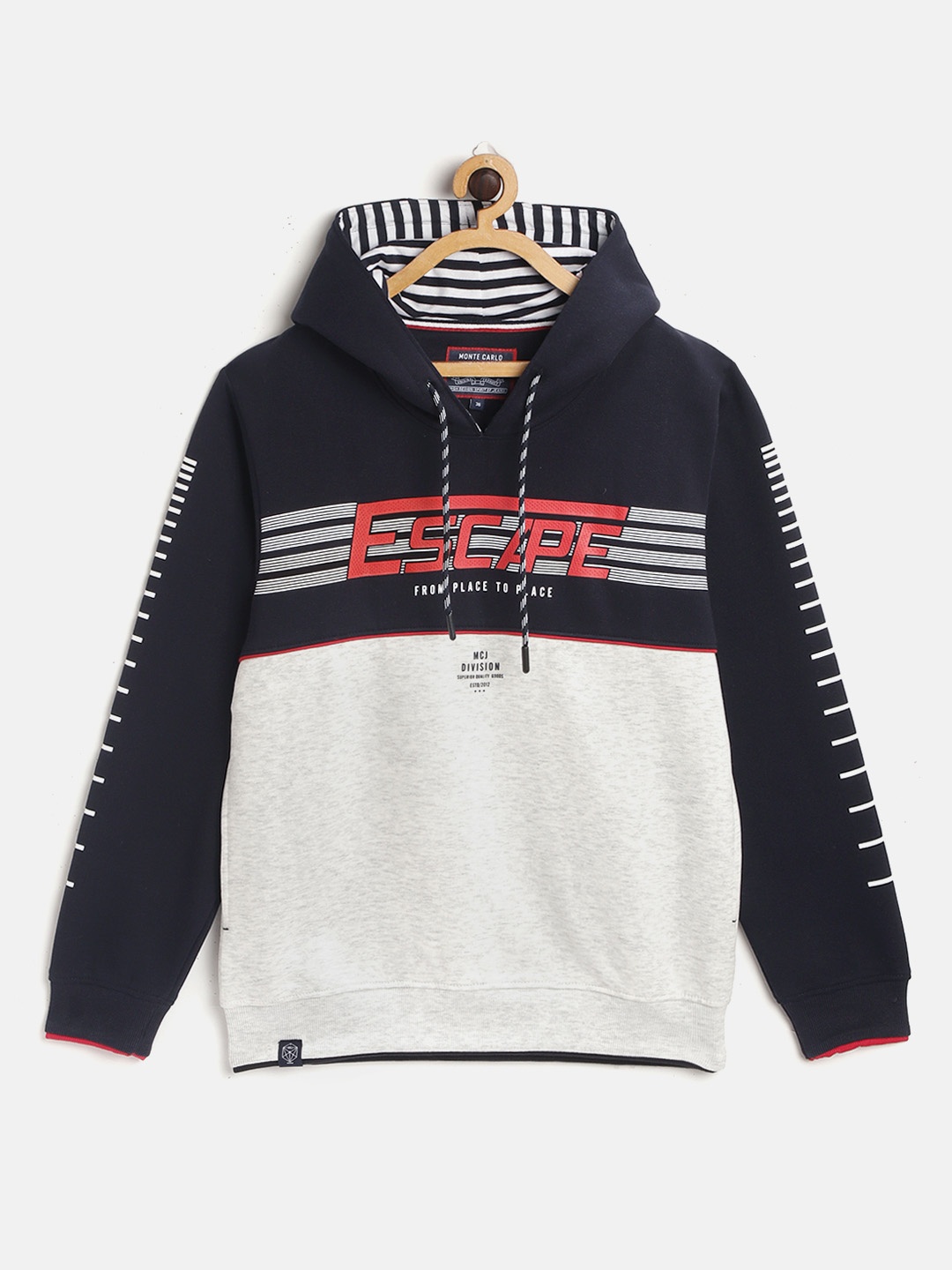 

Monte Carlo Boys Navy Blue & Grey Melange Printed Hooded Sweatshirt