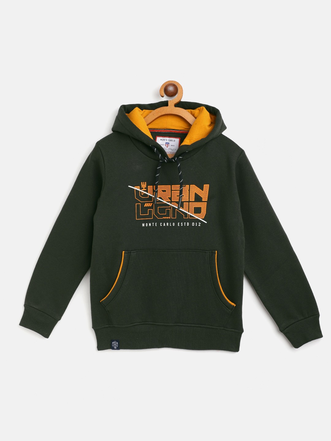

Monte Carlo Boys Olive Green & Orange Typography Print Hooded Sweatshirt