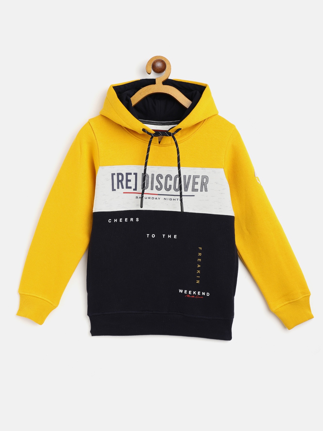 

Monte Carlo Boys Yellow & Navy Blue Colourblocked Hooded Sweatshirt