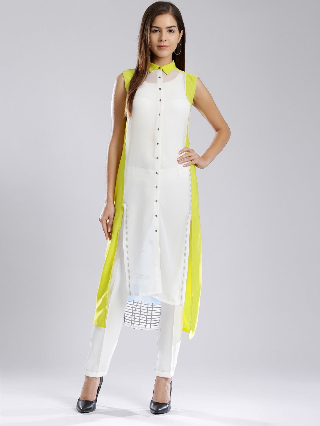 

W Women White & Yellow Printed Straight Kurta