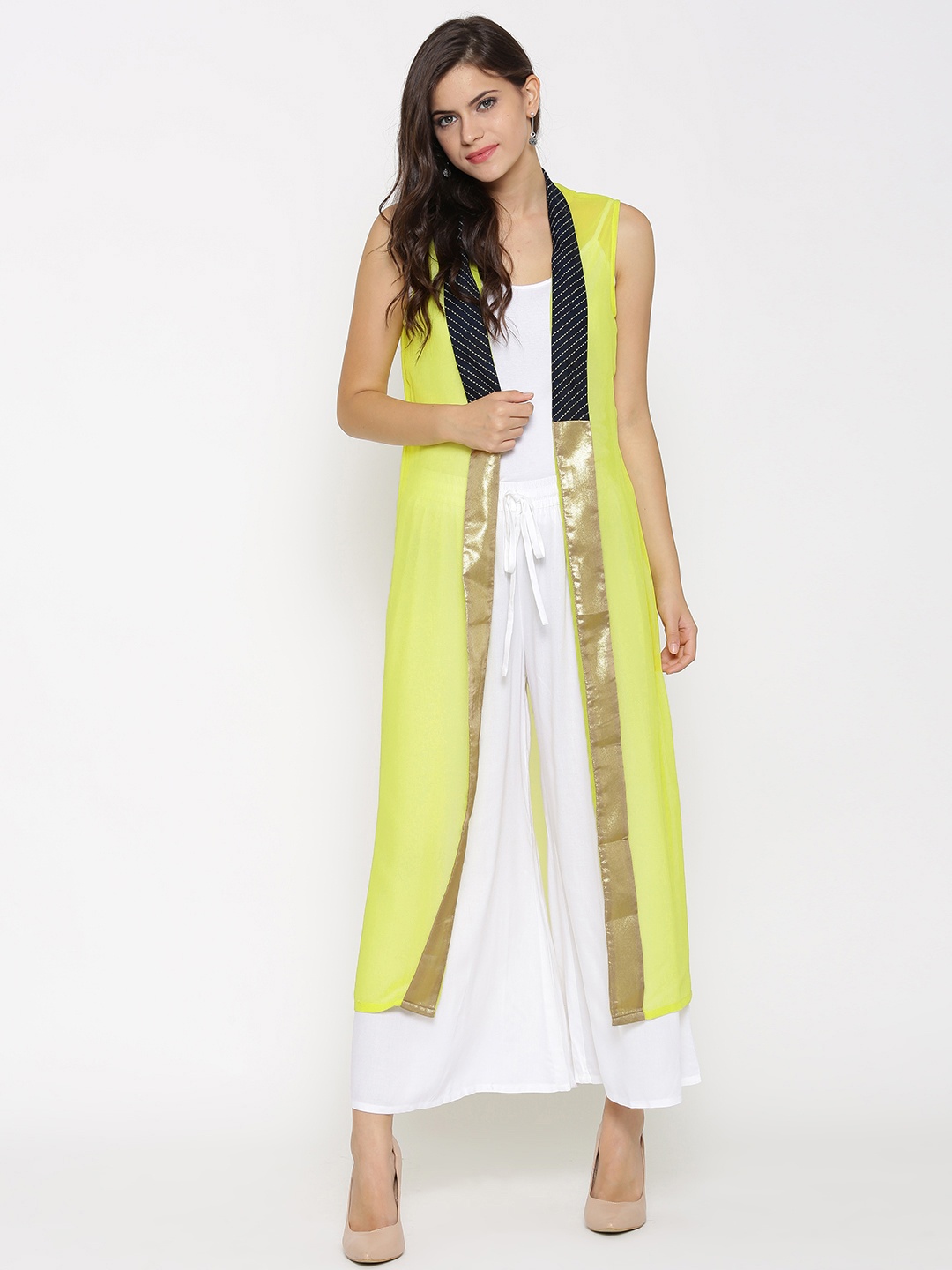 

W Lime Green Sheer Longline Ethnic Jacket