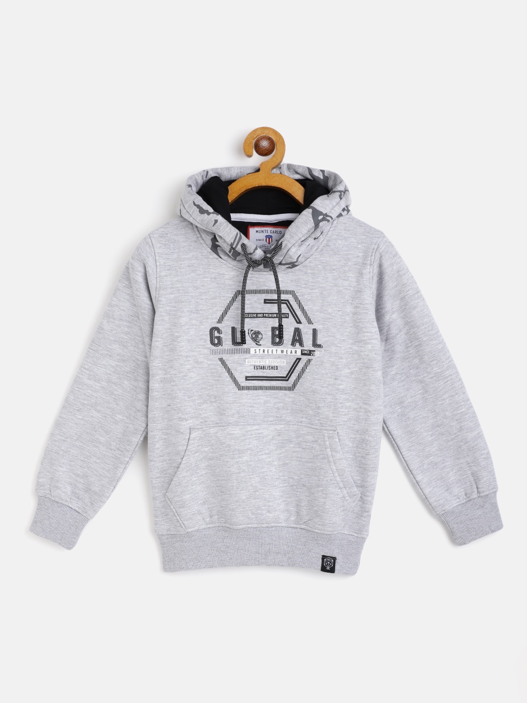 

Monte Carlo Boys Grey Melange Printed Hooded Sweatshirt