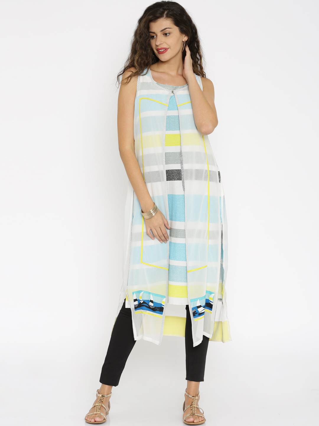 

W Women White & Blue Kurta