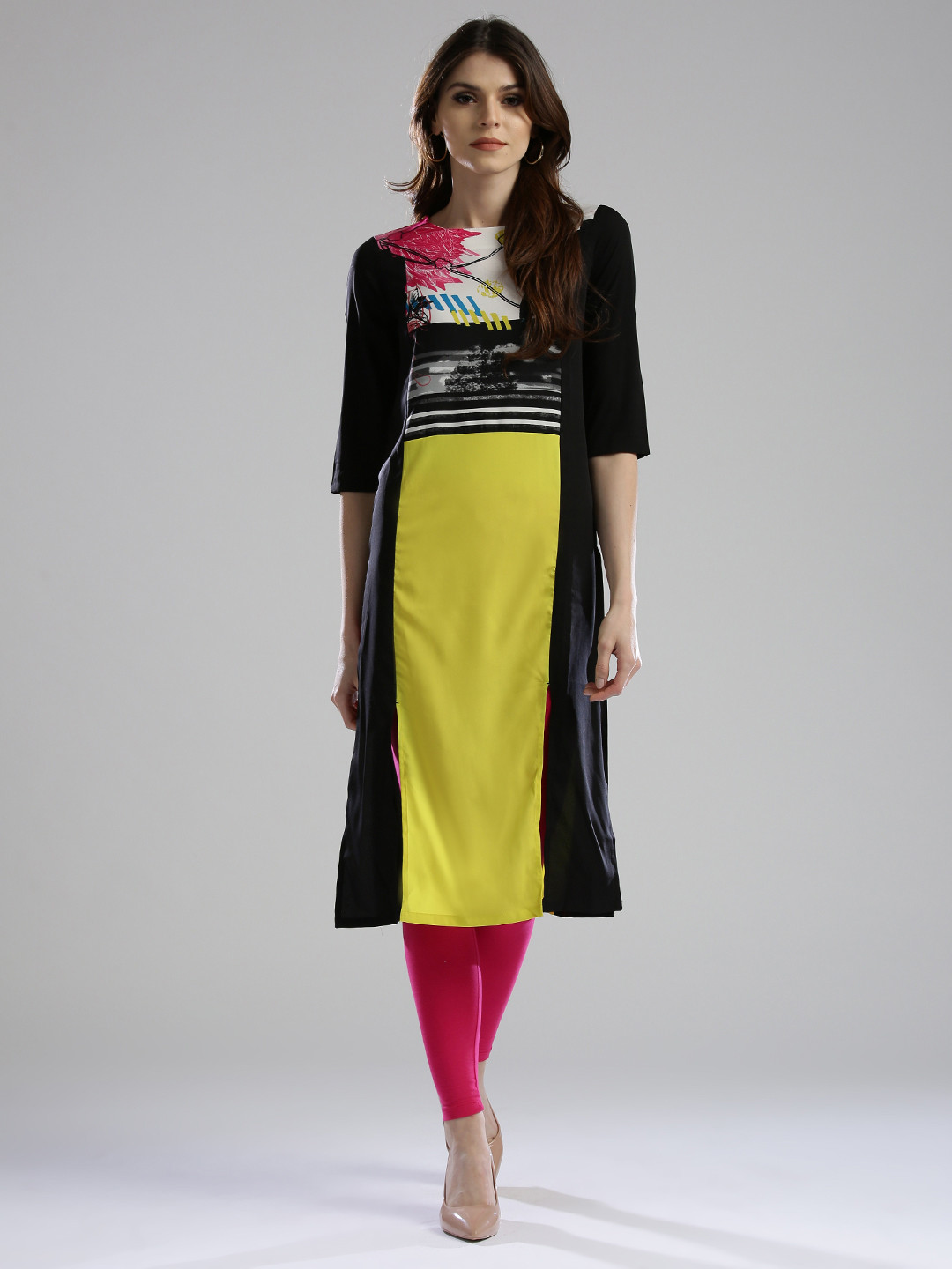 

W Women Lime Green Printed Straight Kurta