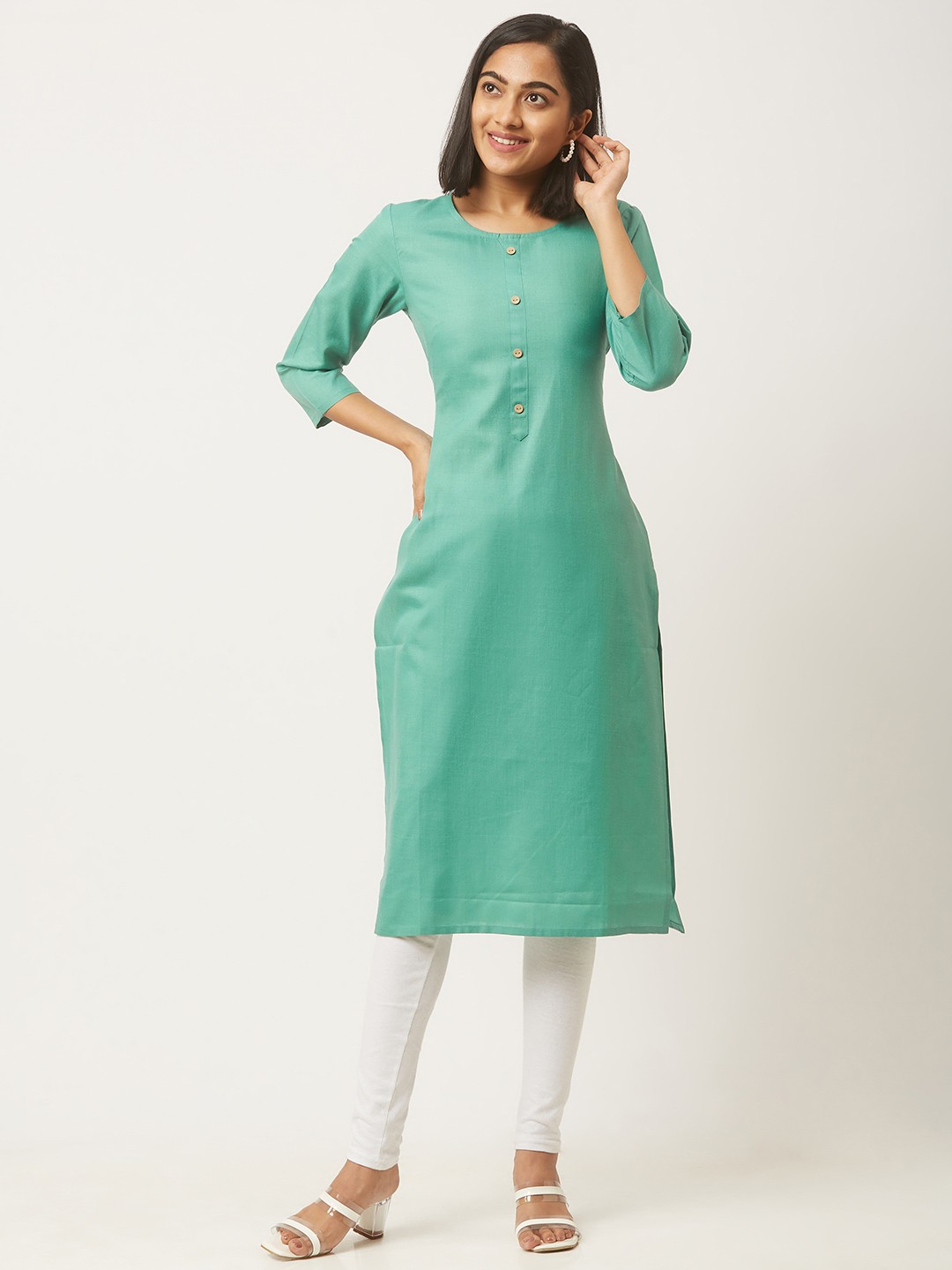 

ZOLA Women Solid Pure Cotton Straight Kurta, Blue