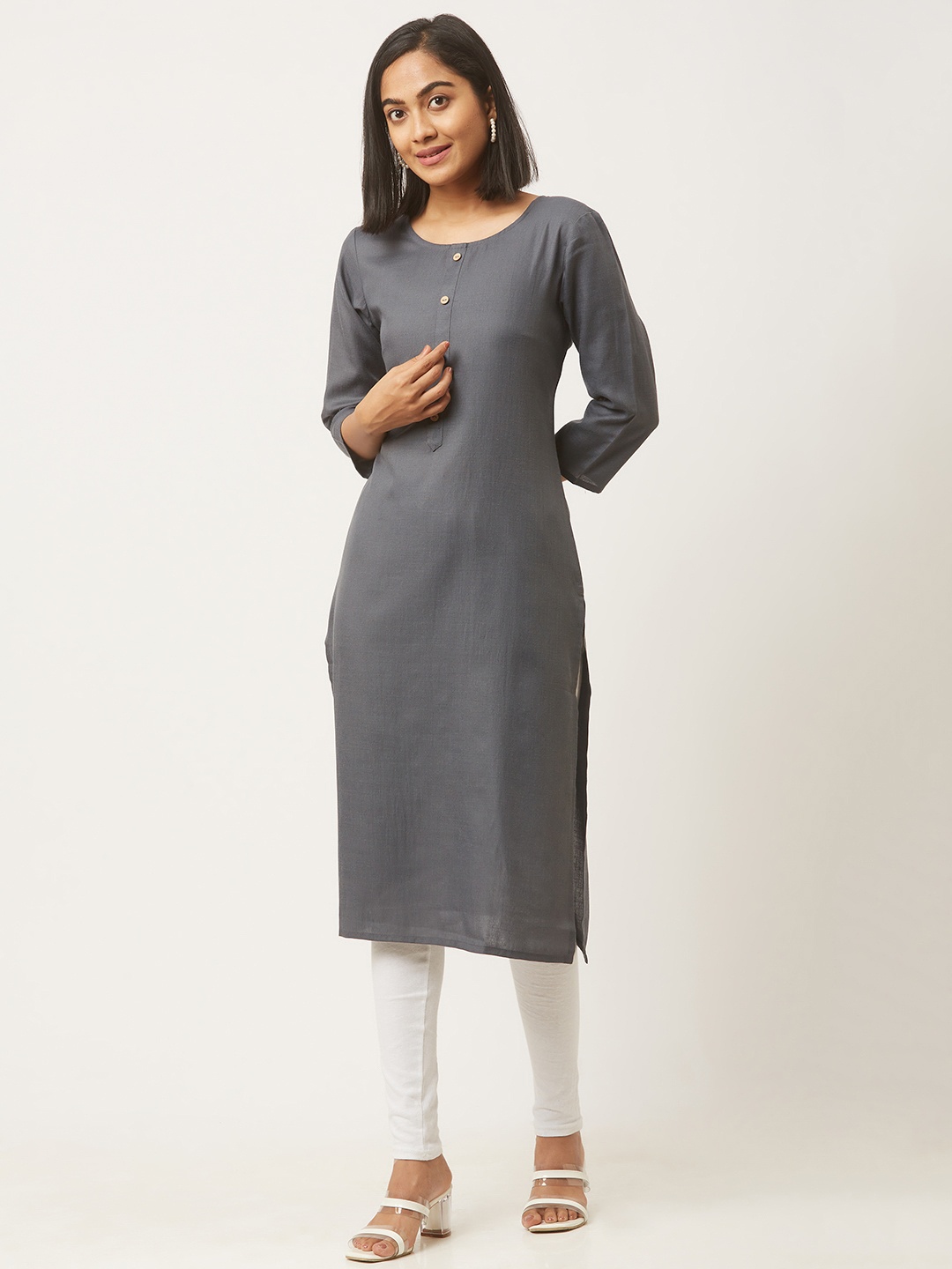 

ZOLA Women Grey Straight Solid Pure Cotton Kurta with Pockets, Grey melange