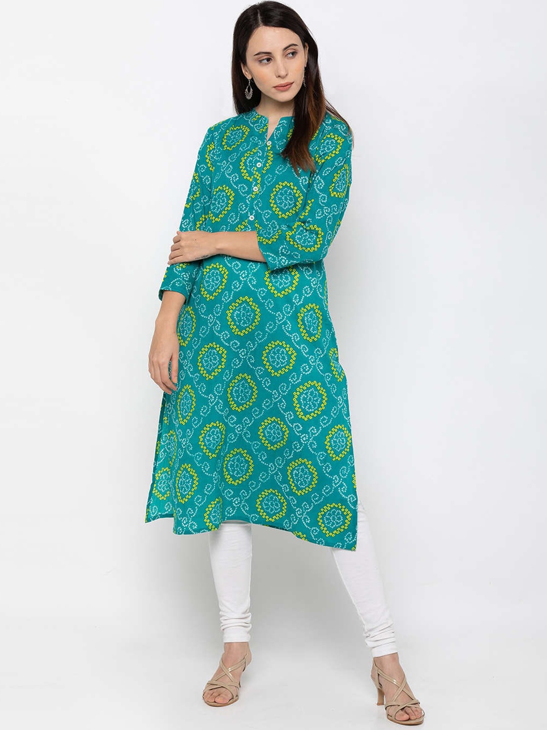 

ZOLA Women Sea Green & Yellow Bhandhej Printed Kurta