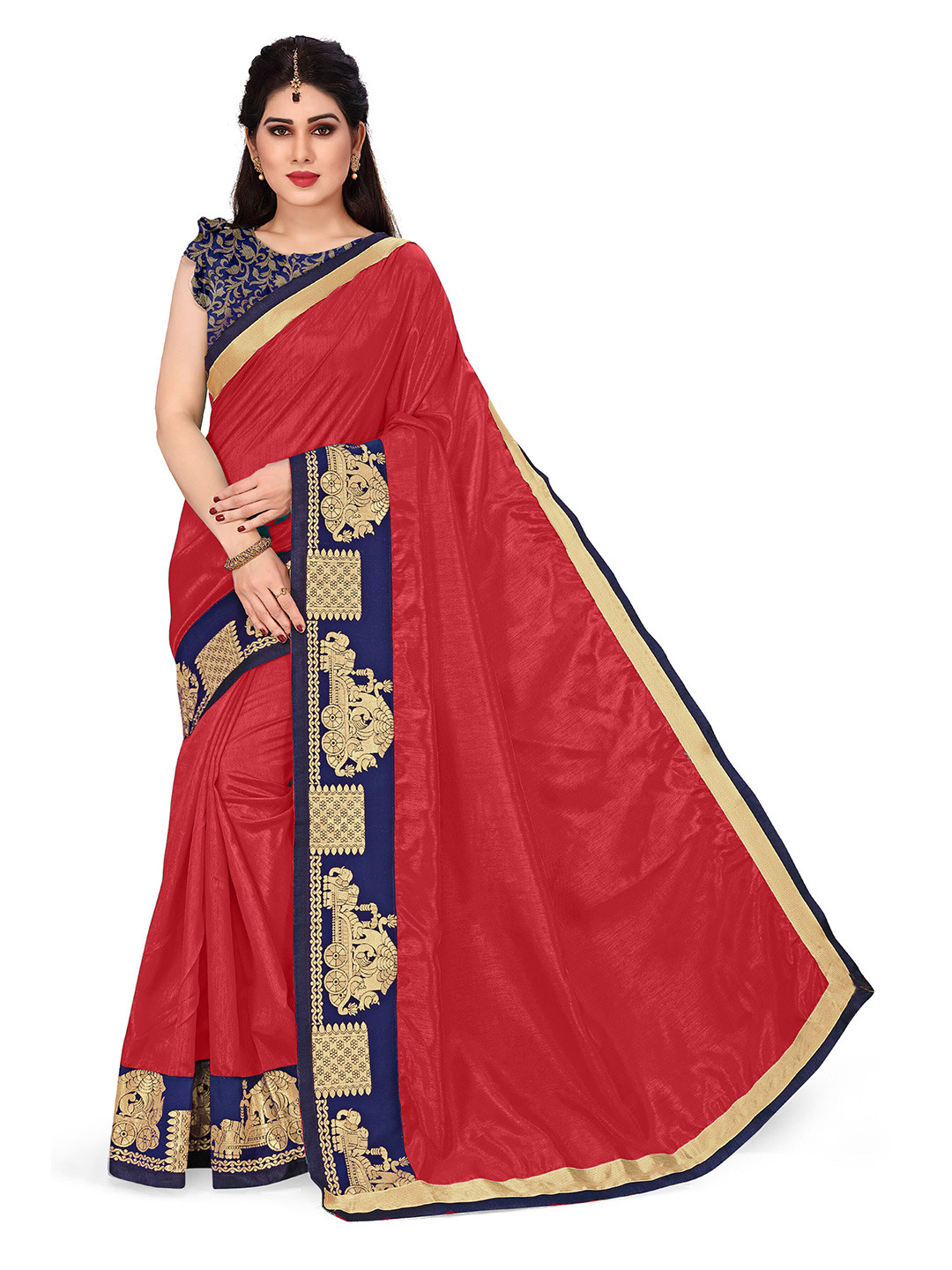 

KALINI Red & Navy Blue Silk Blend Saree