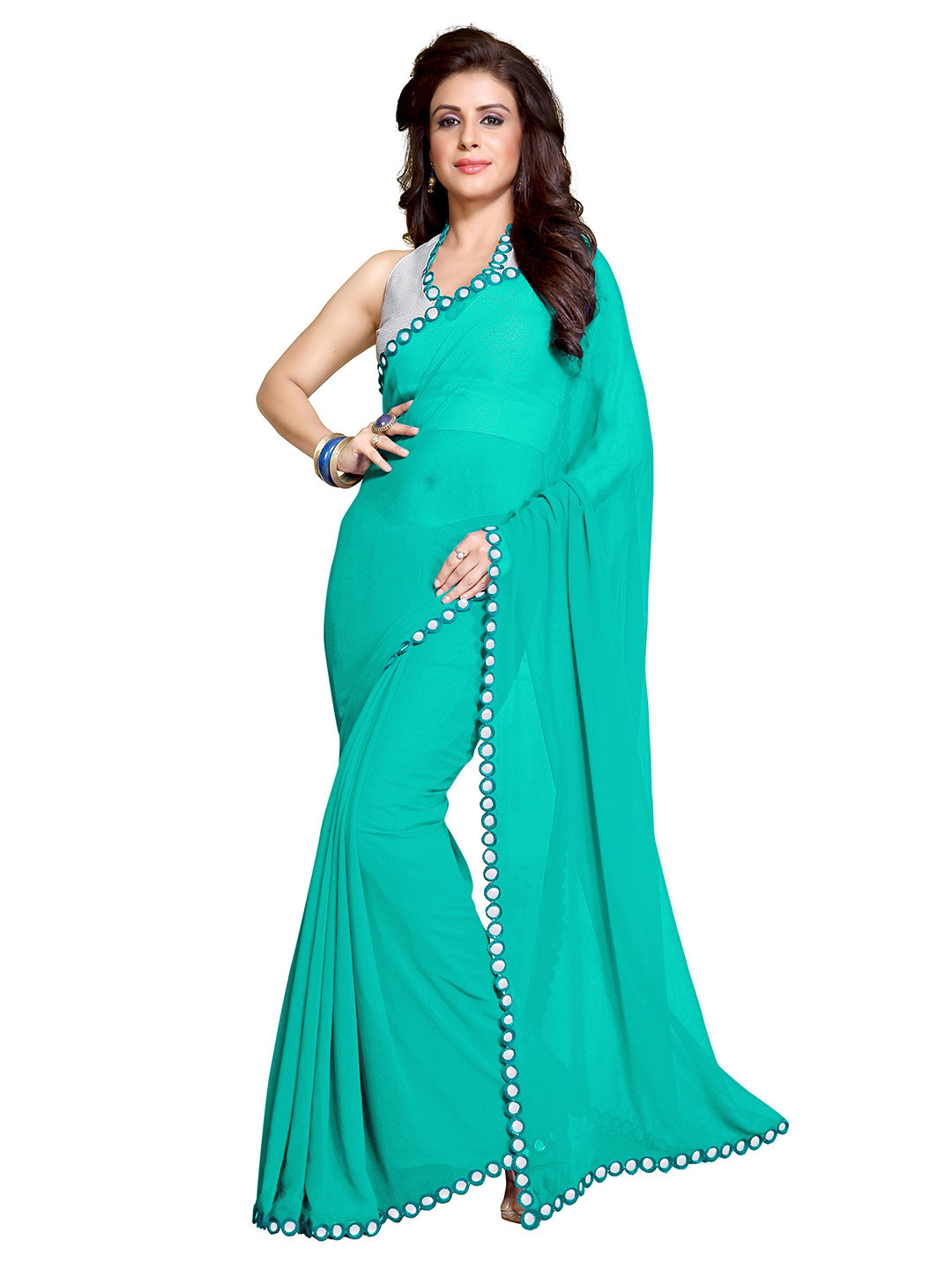 

KALINI Turquoise Blue Mirror Work Embellished Saree