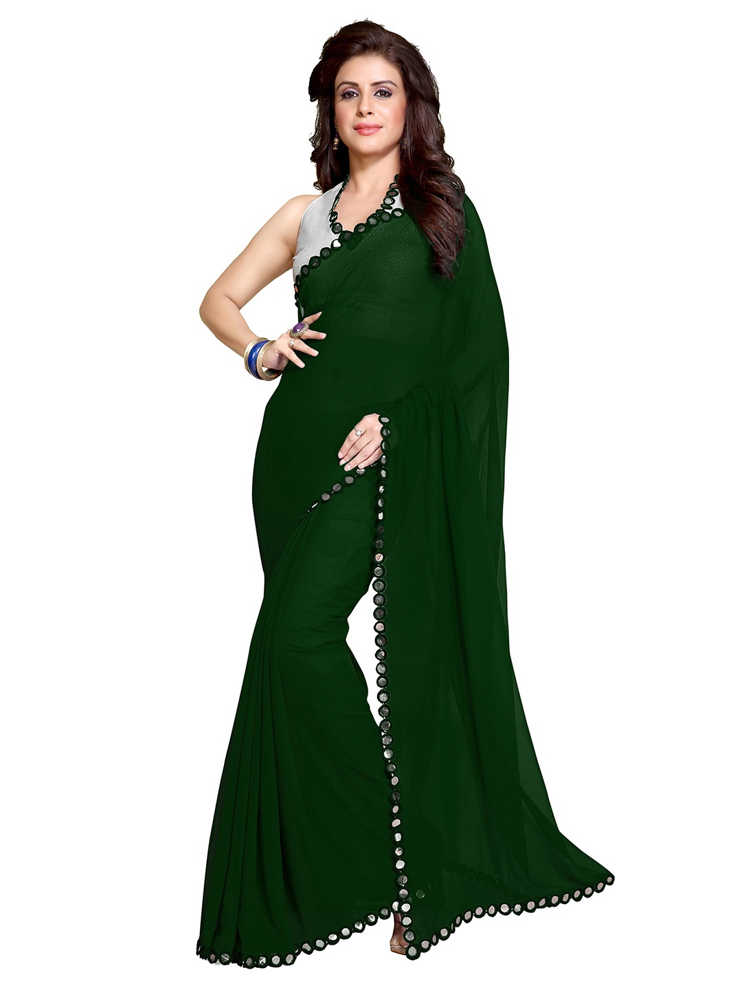 

KALINI Green Mirror Work Embellished Saree