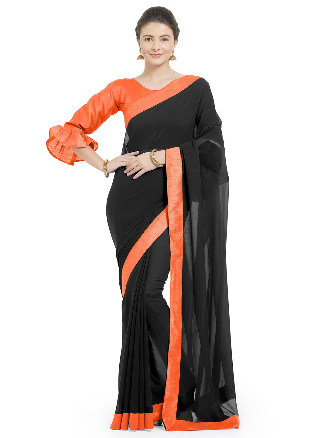 

KALINI Black & Orange Solid Saree