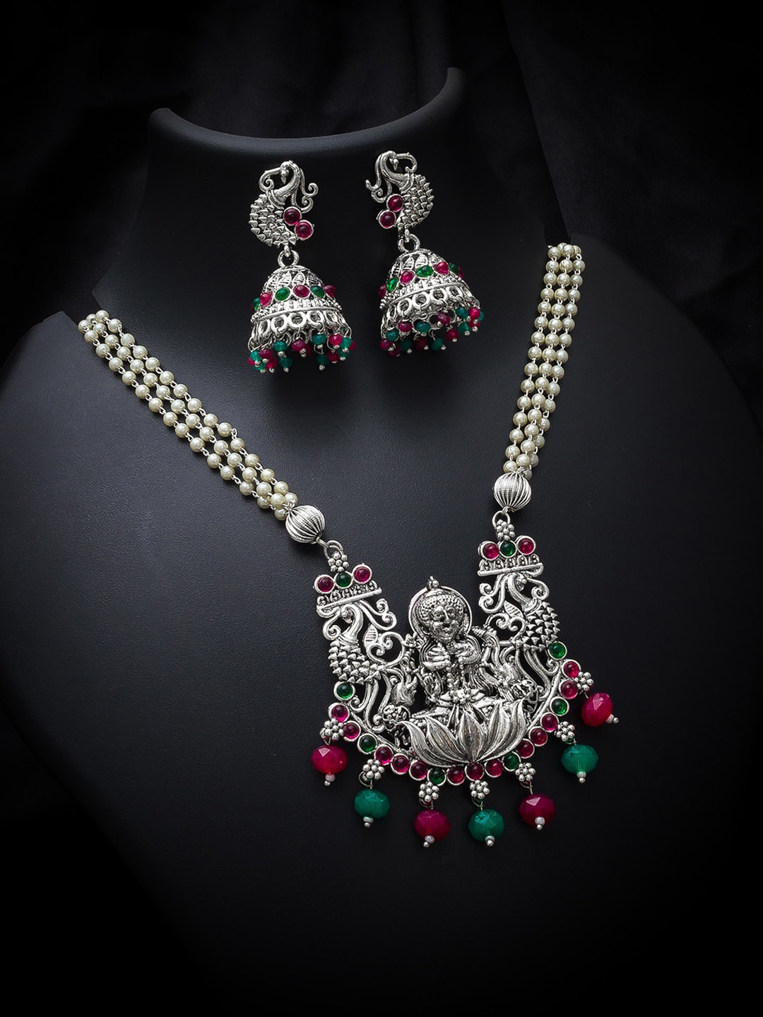 

aadita German Oxidised Silver-Plated Red & Green Beaded & Stone-Studded Tribal Jewellery Set
