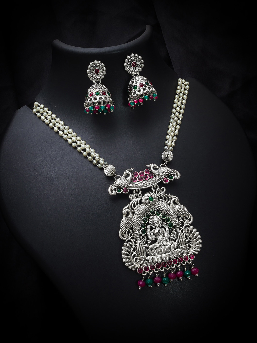

aadita German Oxidised Silver-Plated Pink & Green Beaded & Stone-Studded Tribal Jewellery Set