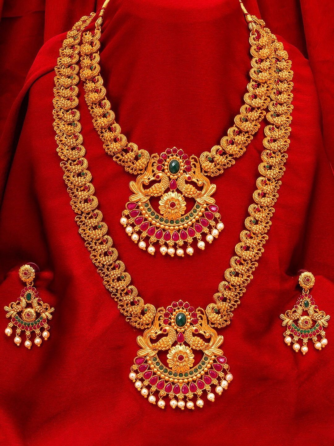 aadita Gold-Plated Red & Green Pearl Beaded & Stone-Studded Dual Jewellery Set