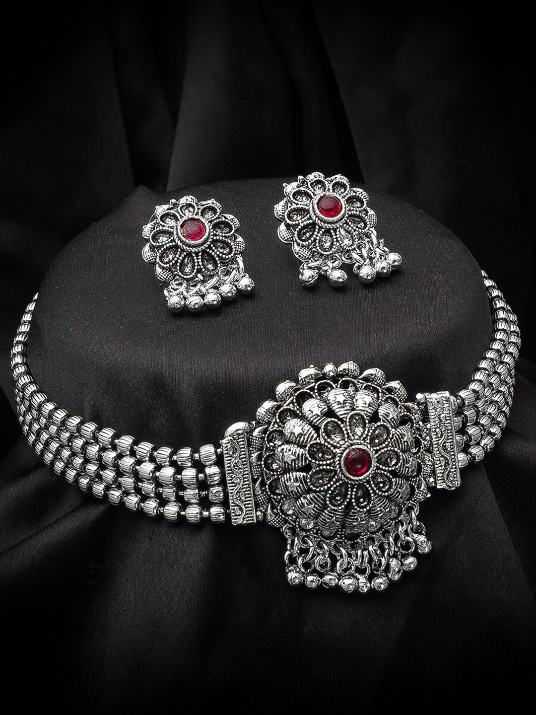 

aadita German Oxidised Silver-Plated Pink Beaded & Stone-Studded Tribal Jewellery Set