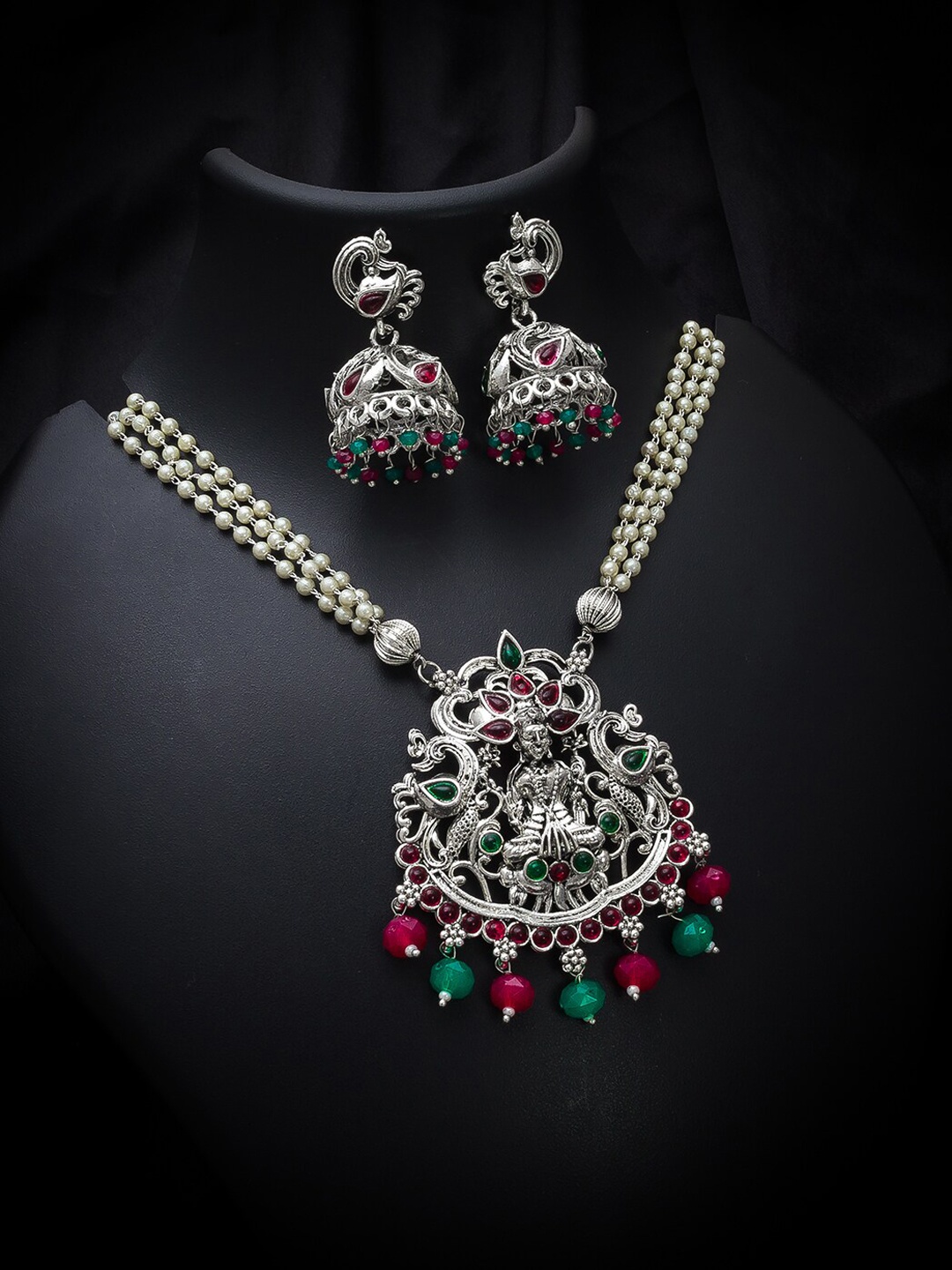 

aadita German Oxidised Silver-Plated Magenta Pink & Off White Stone-Studded Beaded Tribal Jewellery Set