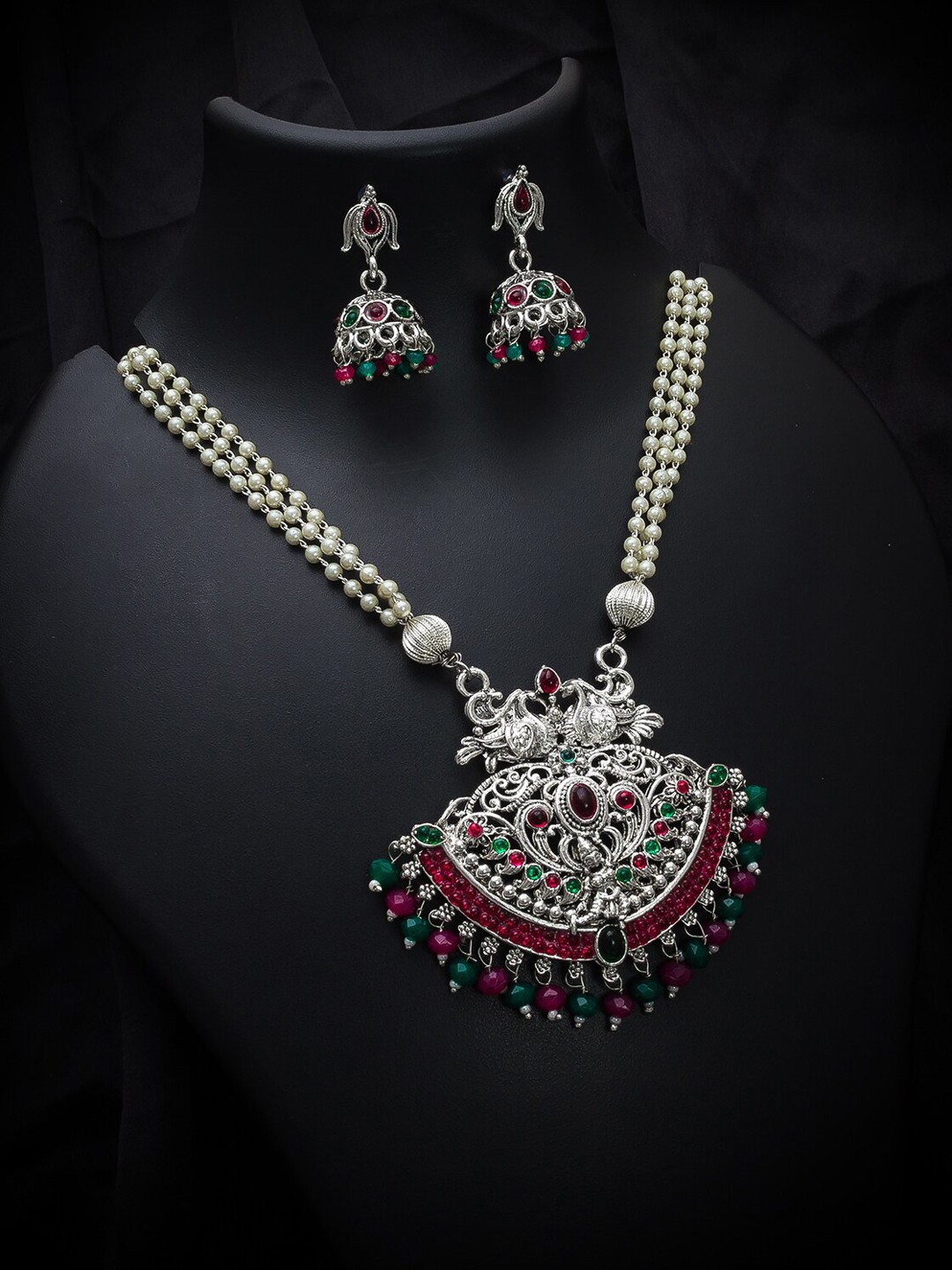 

aadita German Oxidised Silver-Plated Pink & Green Beaded & Stone-Studded Tribal Jewellery Set