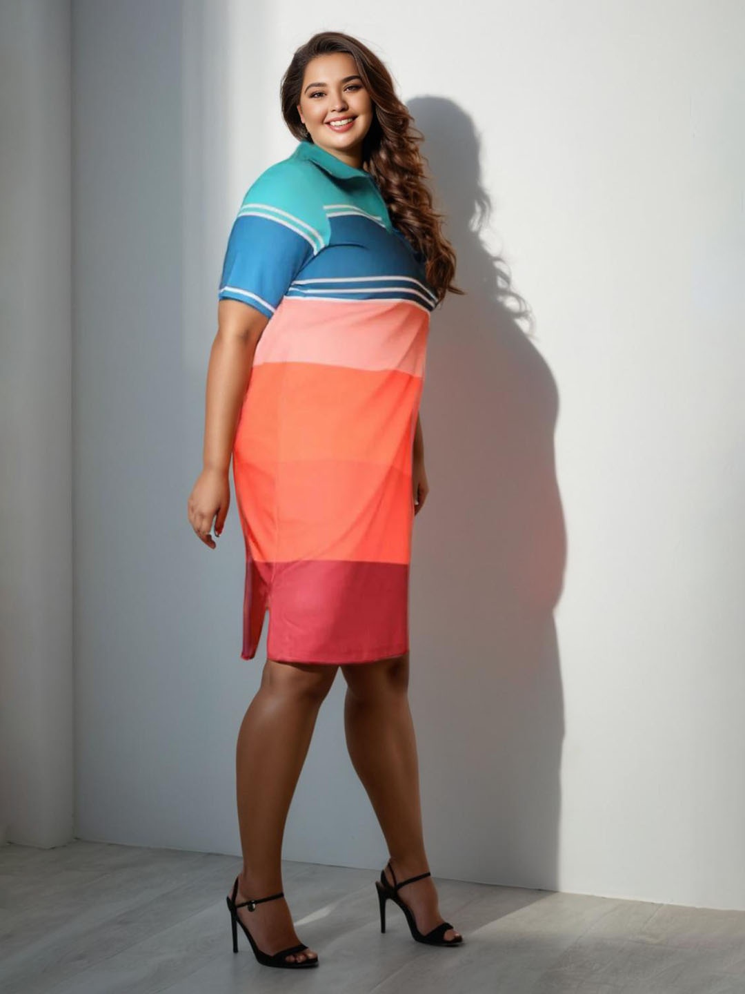 

Amydus Plus Size Blue & Red Colourblocked Polo Dress