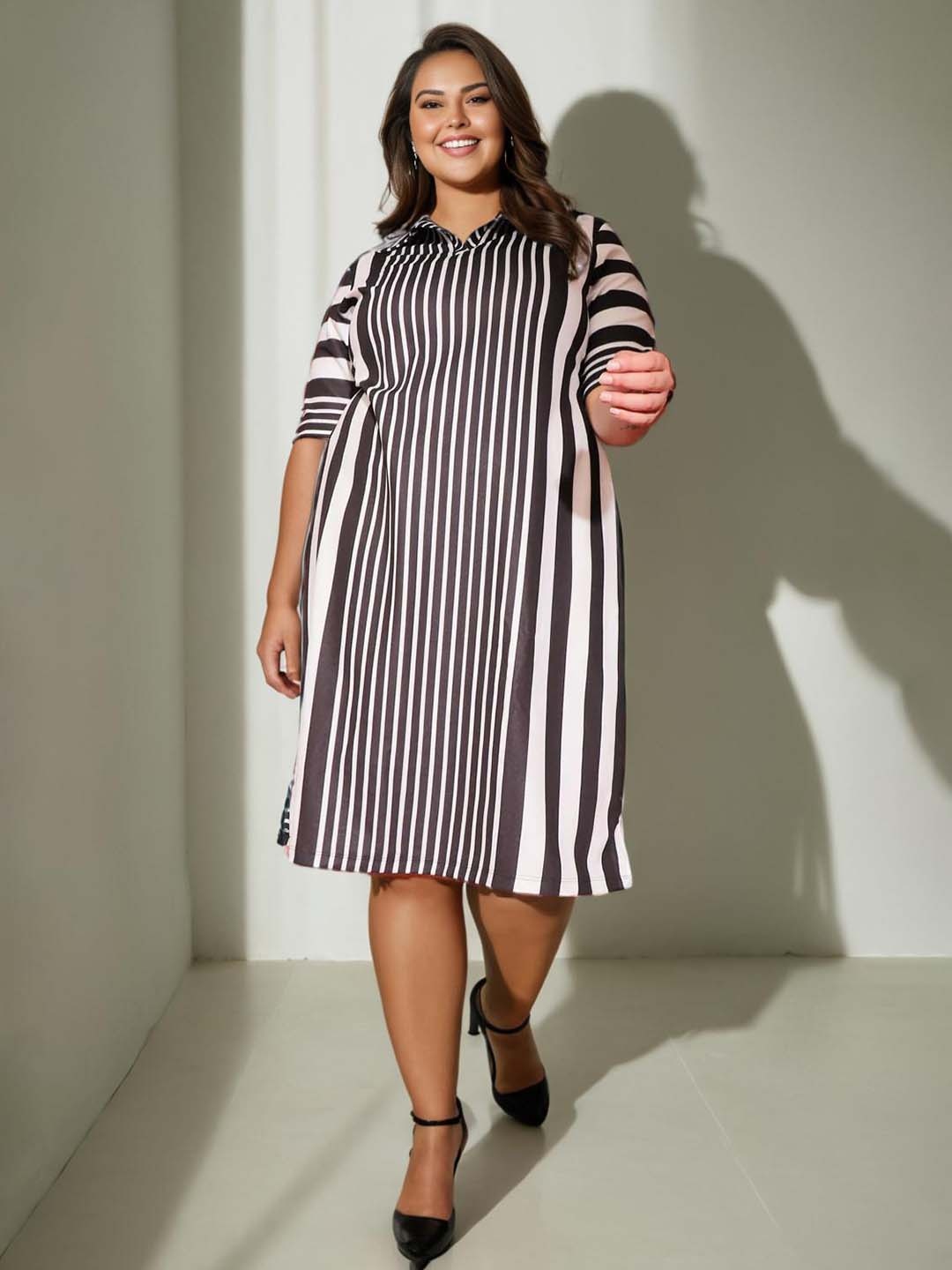 

Amydus Women Plus Size Black and White Striped Shirt Midi Dress