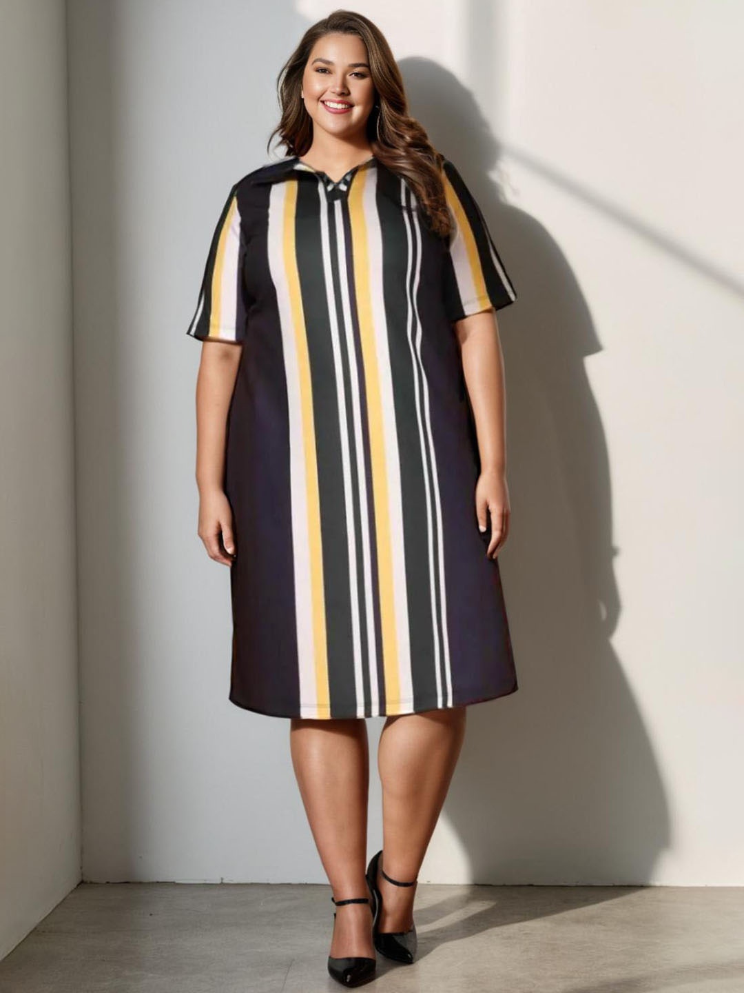 

Amydus Women Plus Size Navy Blue Striped Midi A-Line Dress