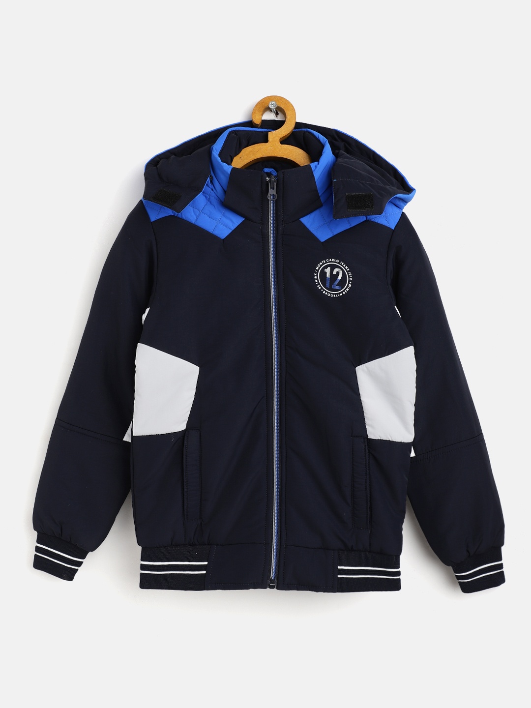 

Monte Carlo Boys Navy Blue & White Colourblocked Bomber Jacket with Detachable Hood