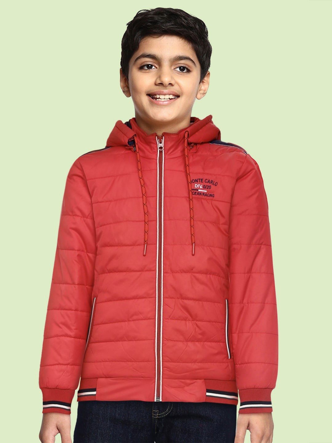 

Monte Carlo Boys Red Hooded Bomber Jacket with Embroidered Detail