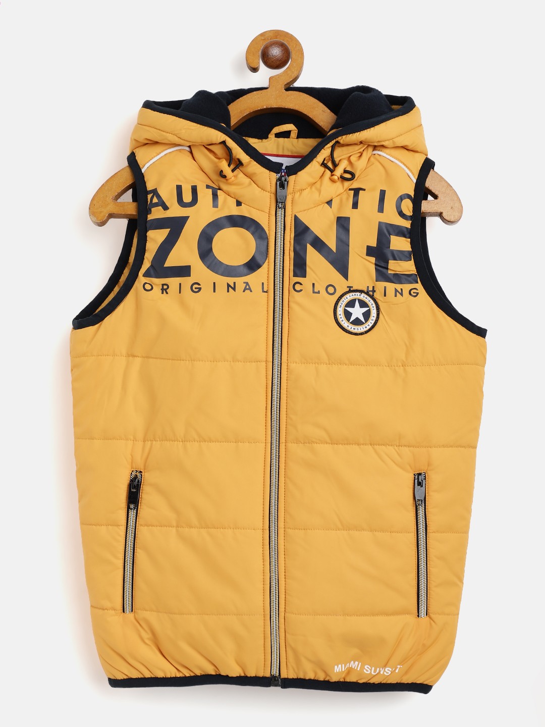 

Monte Carlo Boys Mustard Yellow & Black Typography Print Sleeveless Hooded Padded Jacket
