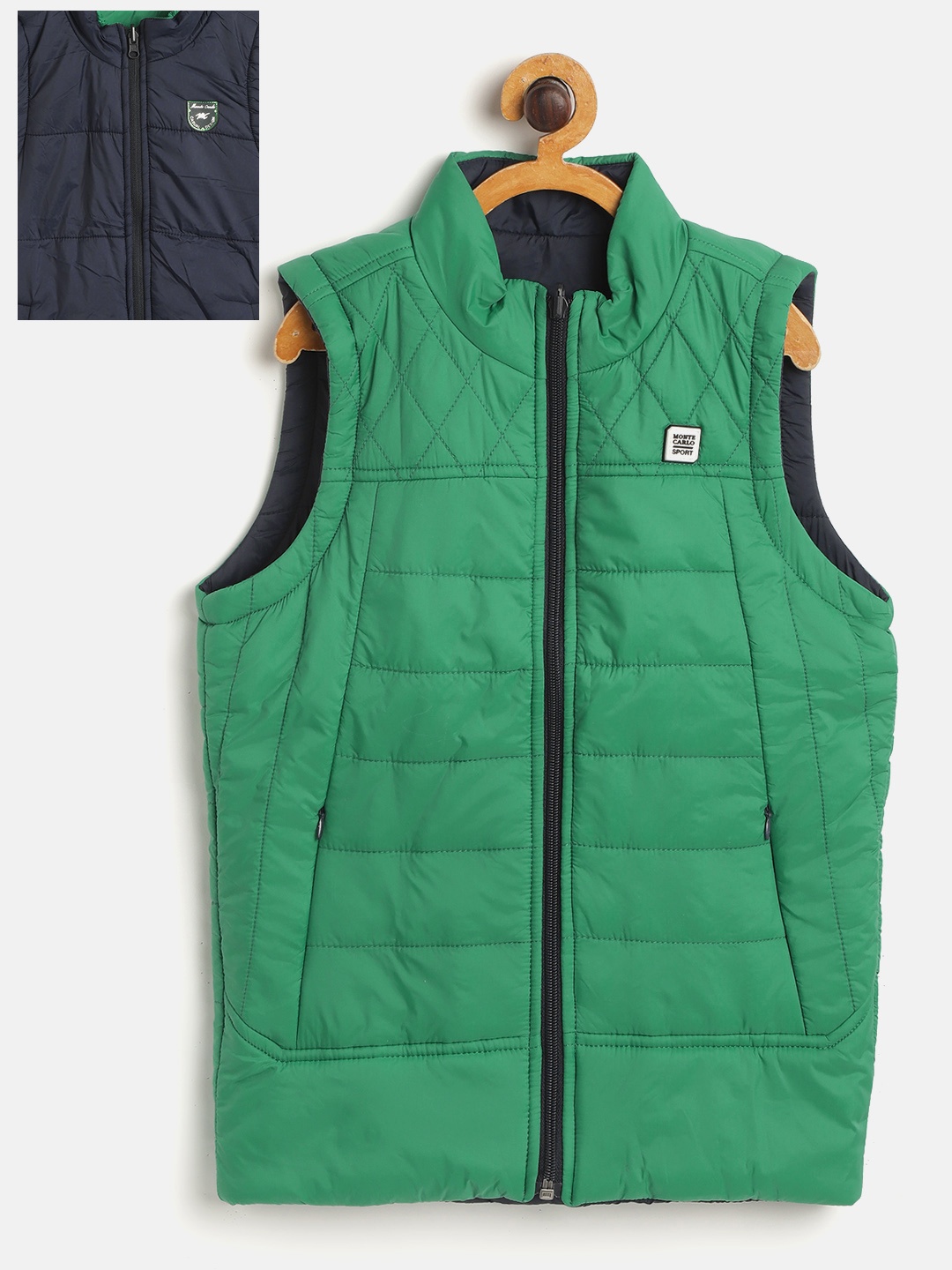 

Monte Carlo Boys Green & Navy Blue Solid Reversible Padded Jacket