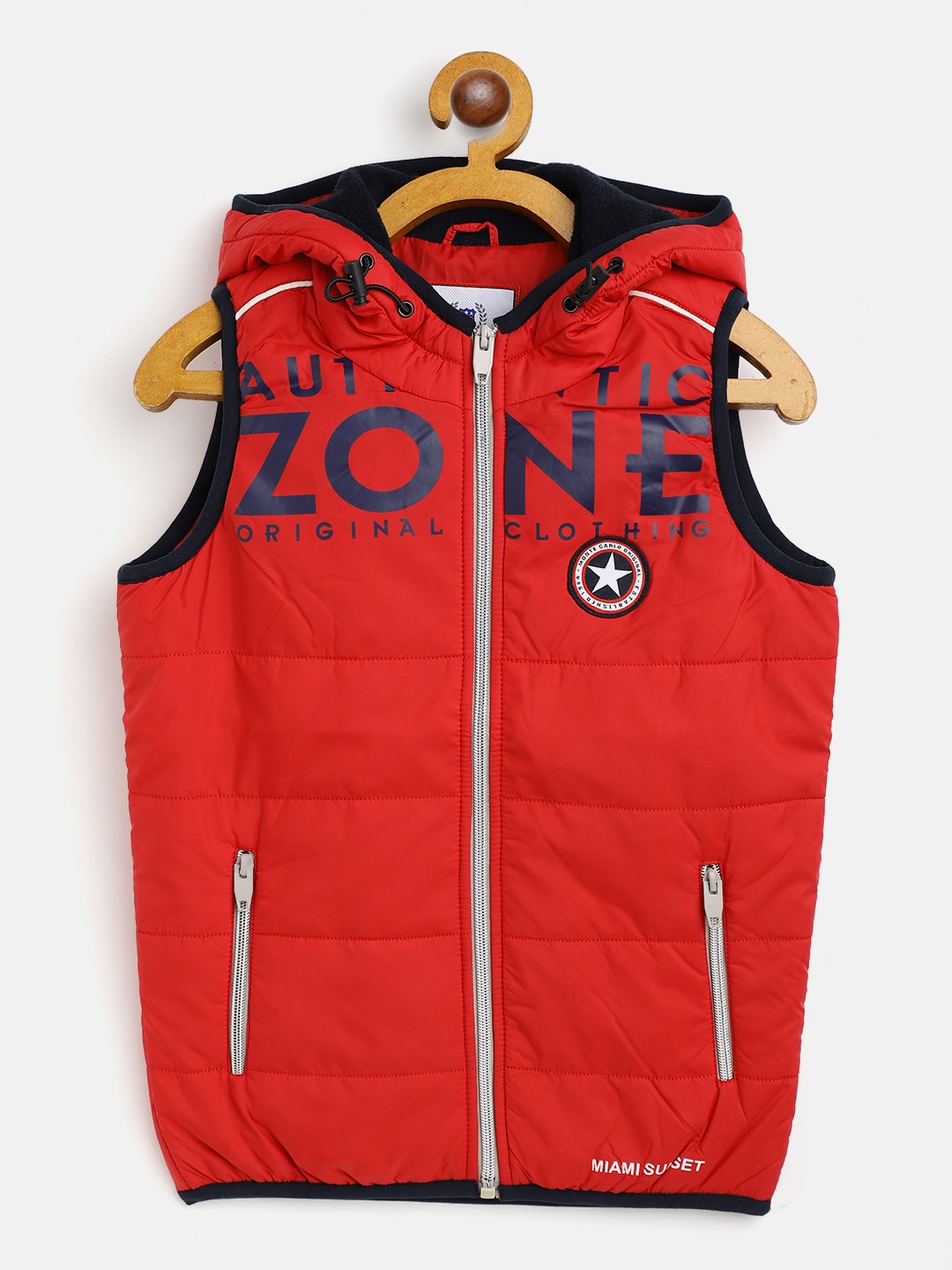 

Monte Carlo Boys Red & Navy Blue Printed Hooded Padded Gilet Jacket