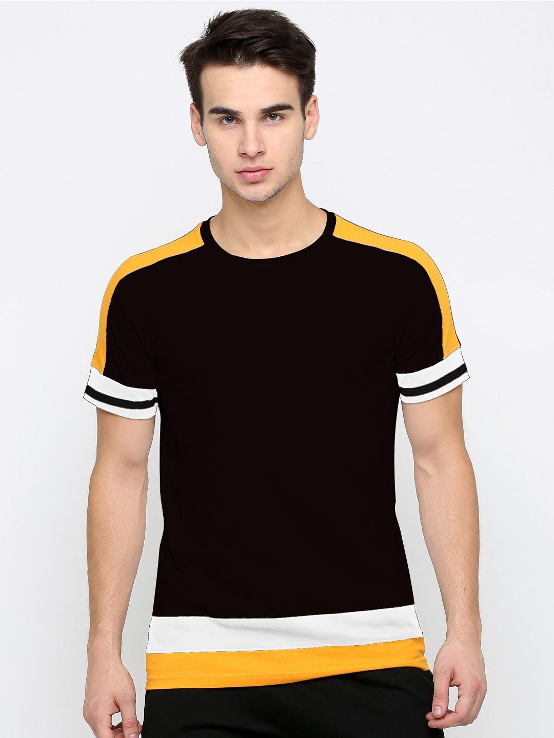

Maniac Men Black and Yellow Colourblocked Slim Fit T-shirt